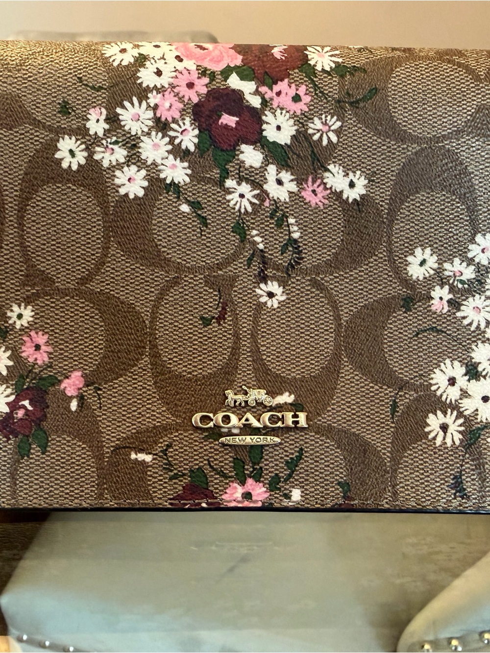 Coach Floral Signature Crossbody in Brown with Pink & White Blossoms